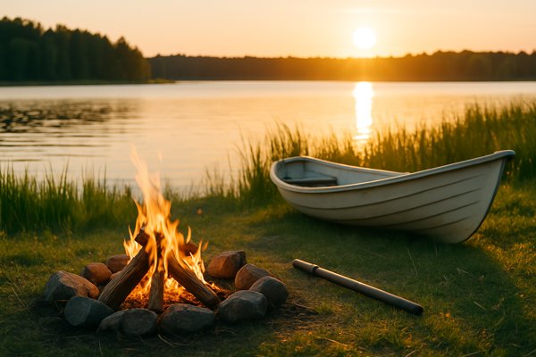 Nuotio ja vene illan hämyssä järven rannalla.