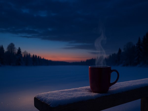Seesteinen pakkasilta, glögimuki höyryää ja taivaanranta hehkuu.