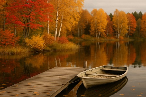 ruskan värikylläinen järvimaisema veneineen