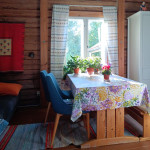 Näkymä pirttimme länsi-ikkunasta. Koivuinen pöytäkalusto itse tekemäni (1986).